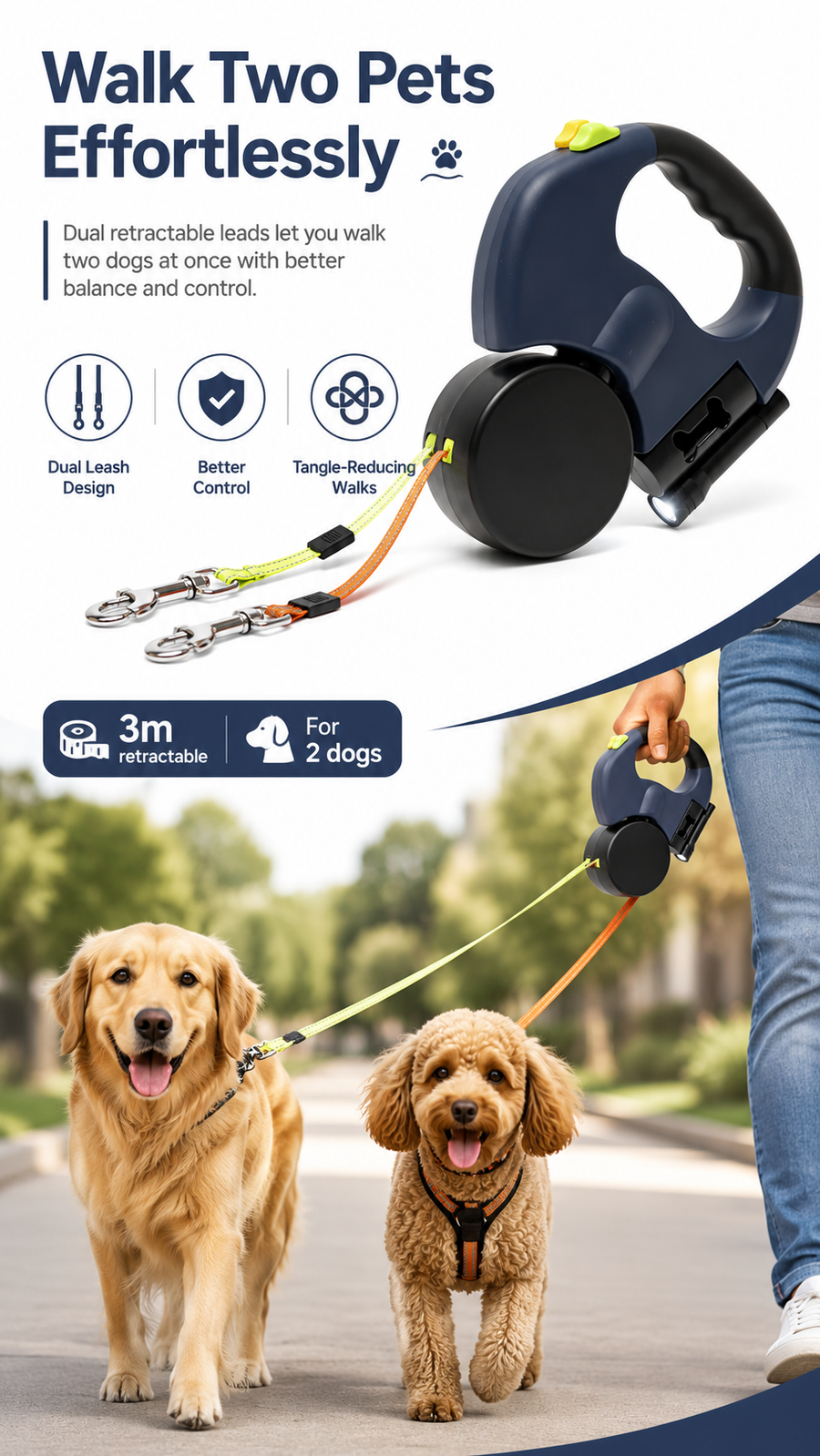 Double Retractable Pet Leashes with LED Flashlight