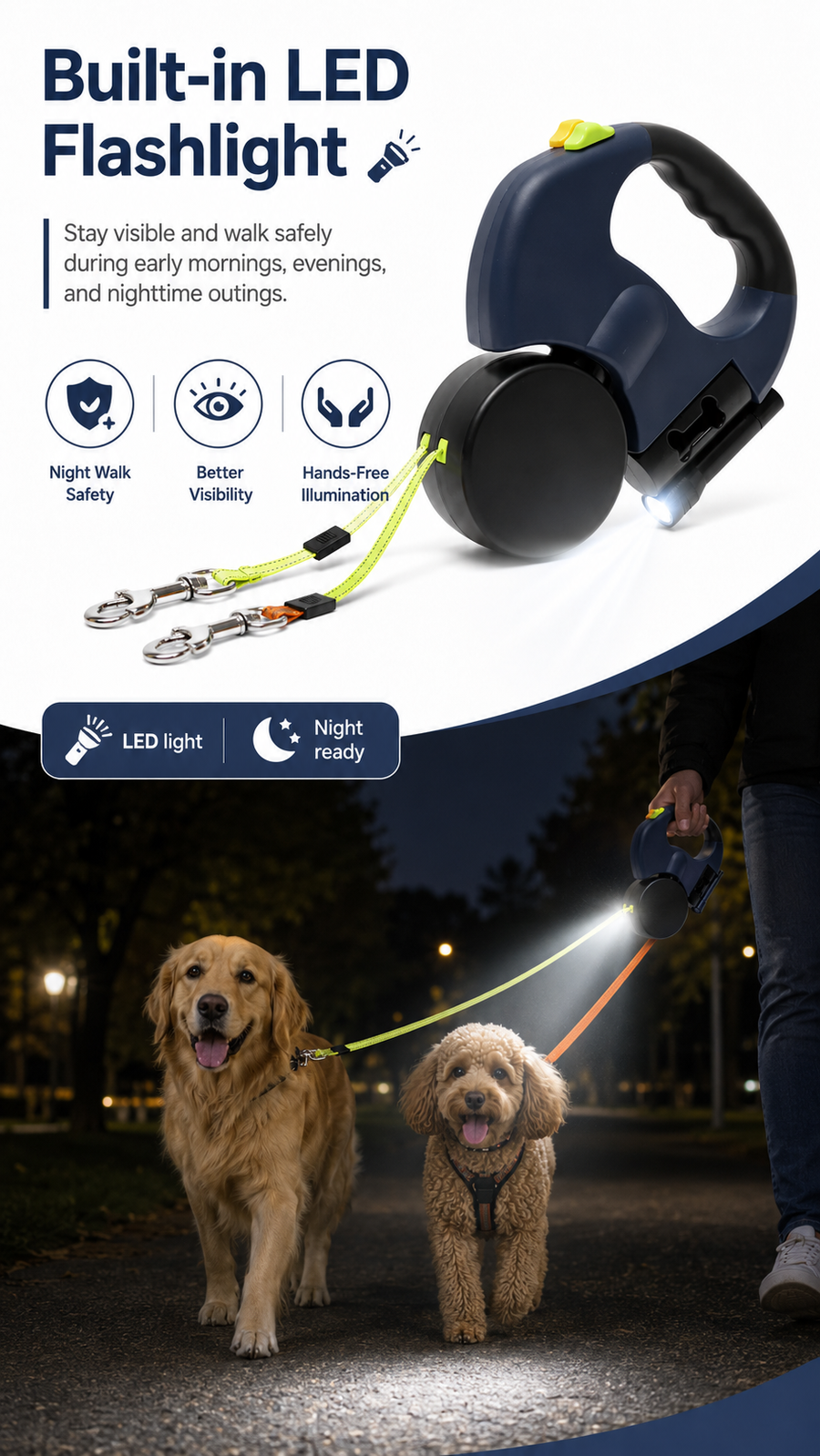 Double Retractable Pet Leashes with LED Flashlight