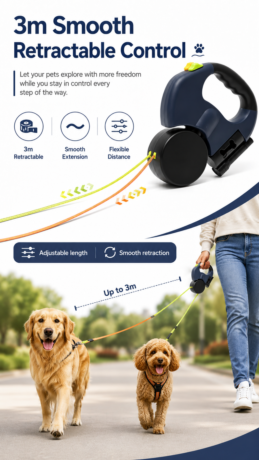 Double Retractable Pet Leashes with LED Flashlight