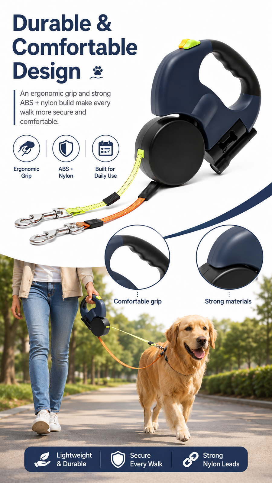 Double Retractable Pet Leashes with LED Flashlight