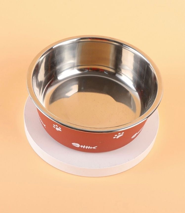 Stainless Steel Feeding Bowl with Fish Bone and Paw Printings