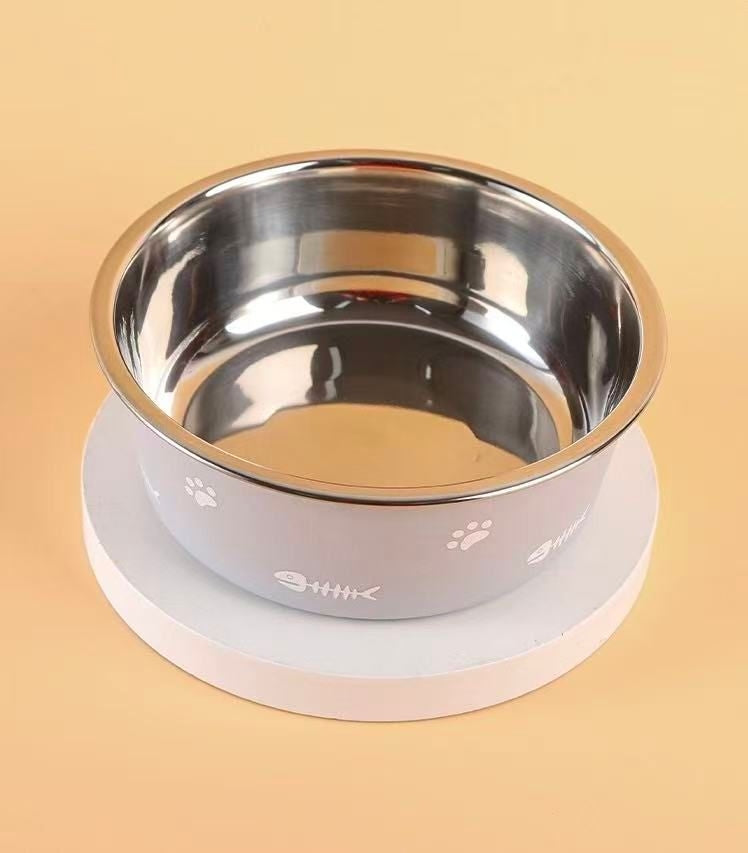 Stainless Steel Feeding Bowl with Fish Bone and Paw Printings