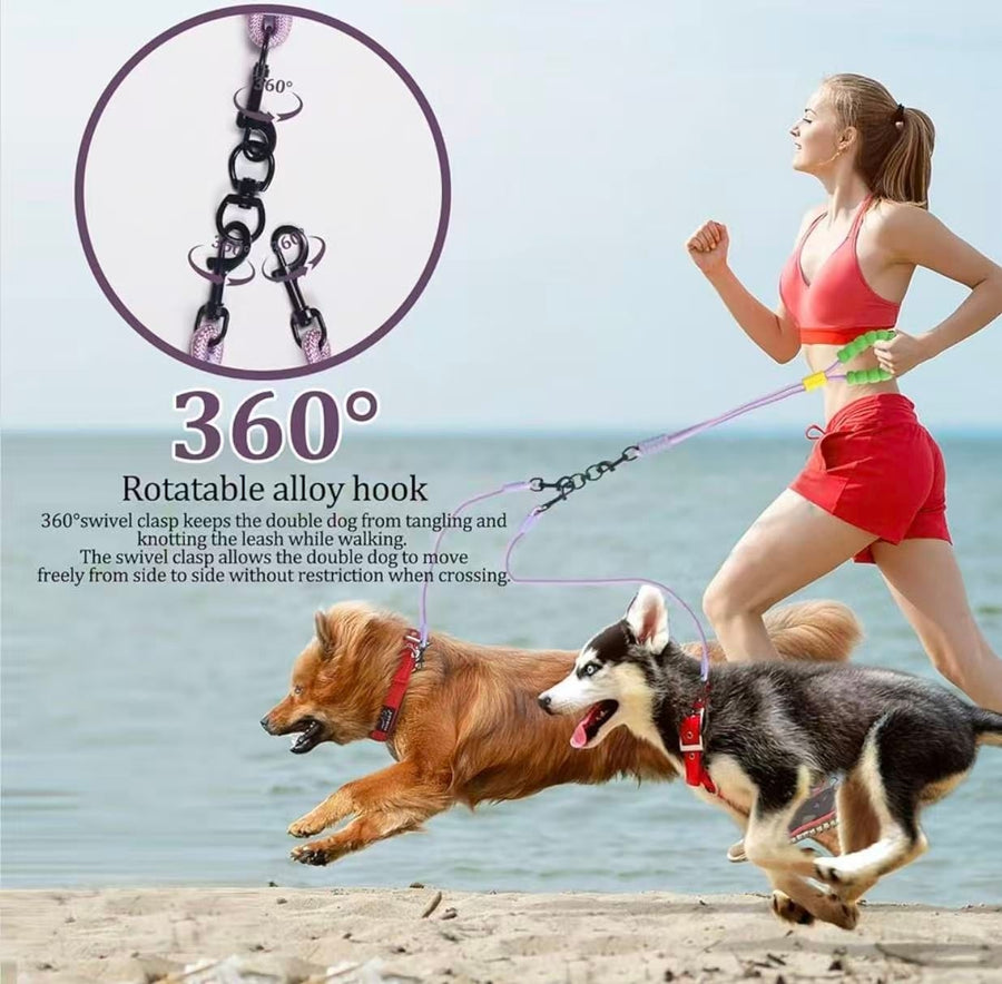 Laisse mains libres pour chien avec crochet pivotant à 360° pour un ou deux chiens